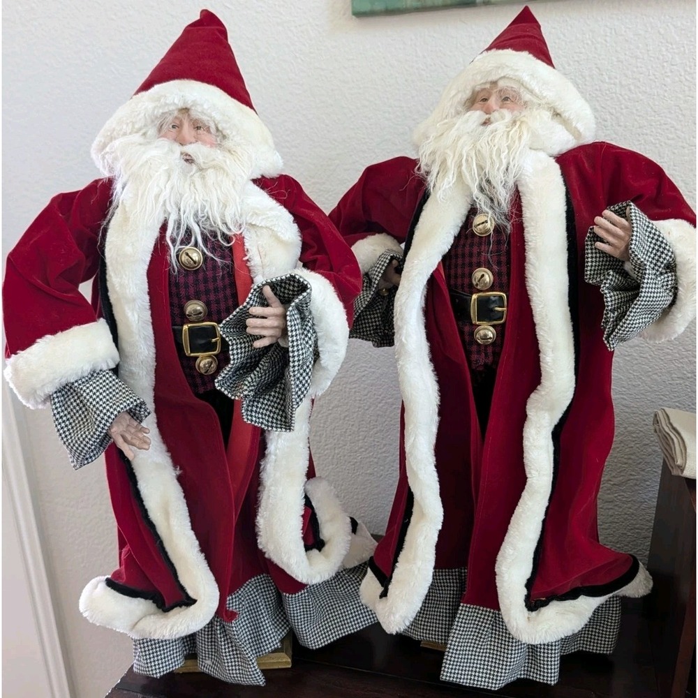 Standing Santa Figure 28" Red Velvet Houndstooth Christmas Decor Lot Of 2 Raz